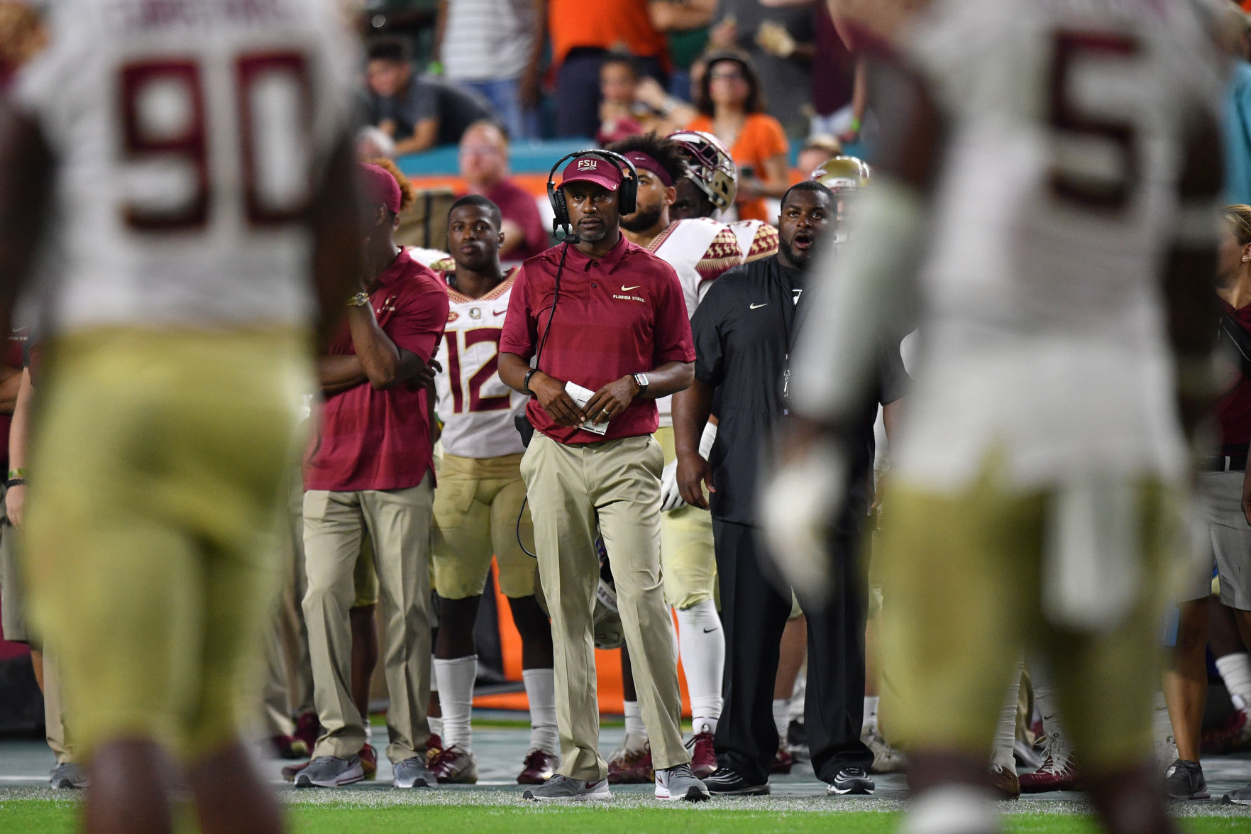 Head coach Willie Taggart of the Florida State Seminoles coaching in the second half against the Miami Hurricanes at Hard Rock Stadium on October 6, 2018 in Miami, Fla. (Mark Brown/Getty Images/TNS) **FOR USE WITH THIS STORY ONLY**